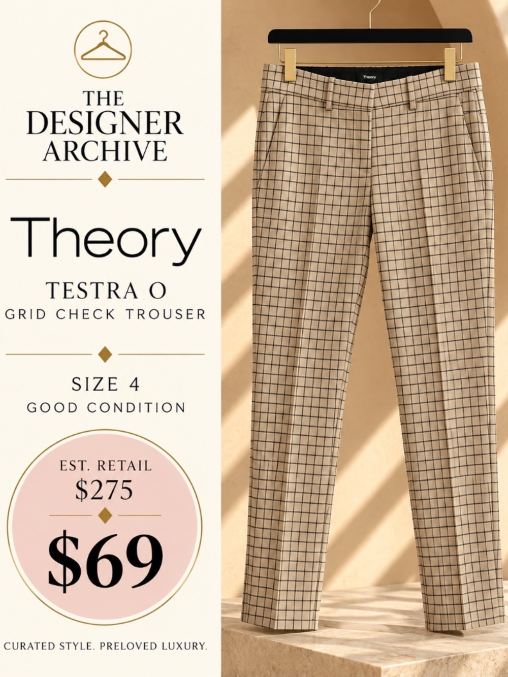 Theory Testra O Grid Check Wool Blend Pants Size 4
